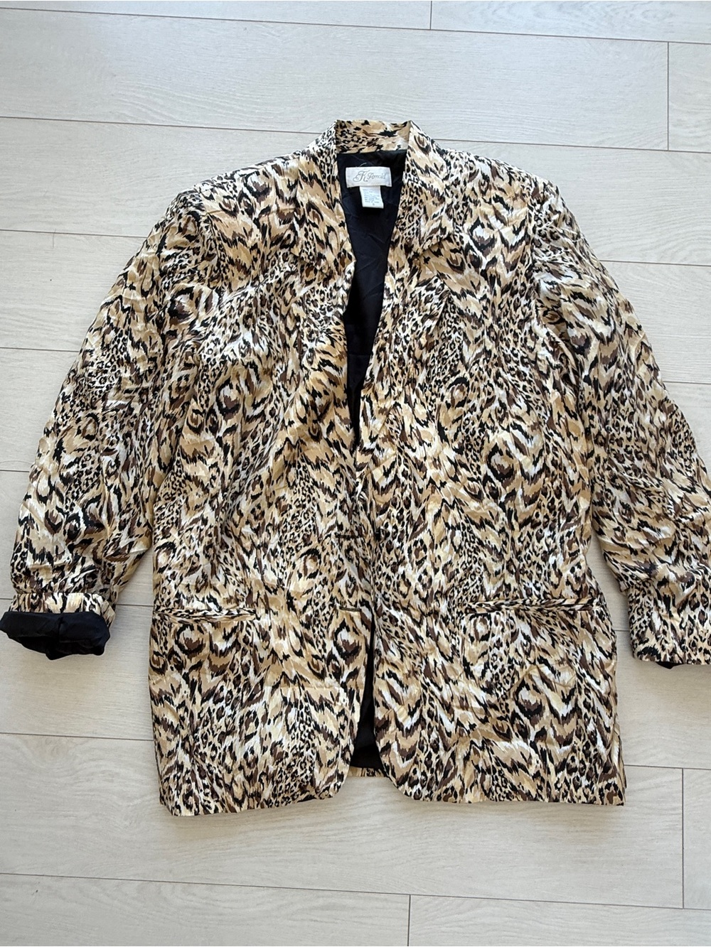 Vintage Silk Animal Print Open-Front Jacket - Beige/Black -